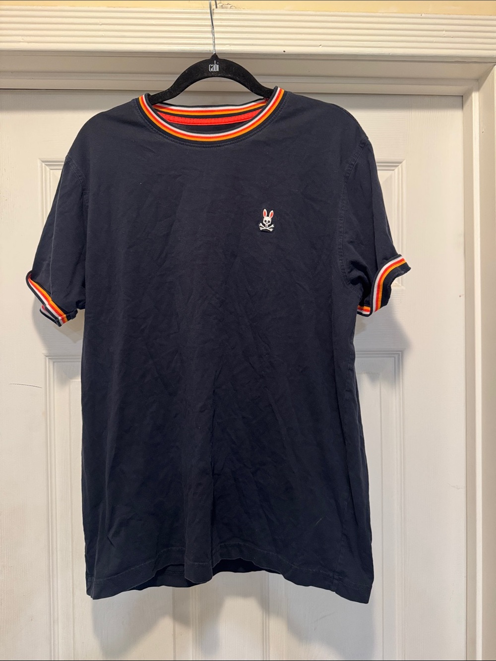 Psycho Bunny Navy Tee with Red-Orange-White Stripe Trim